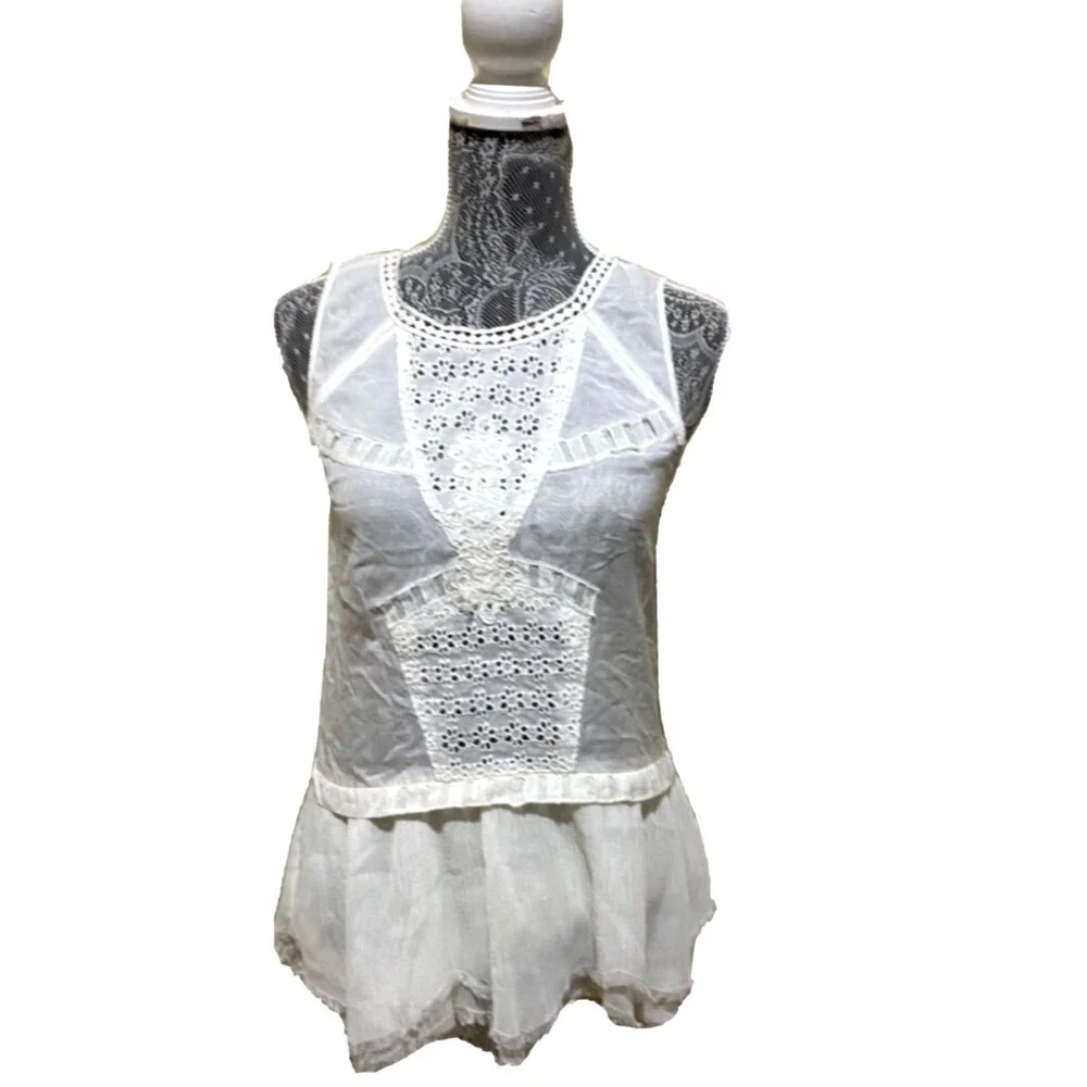 Free People Linen Crochet Lace Eyelet Peplum Cami White Boho Sheer Tank Blouse S